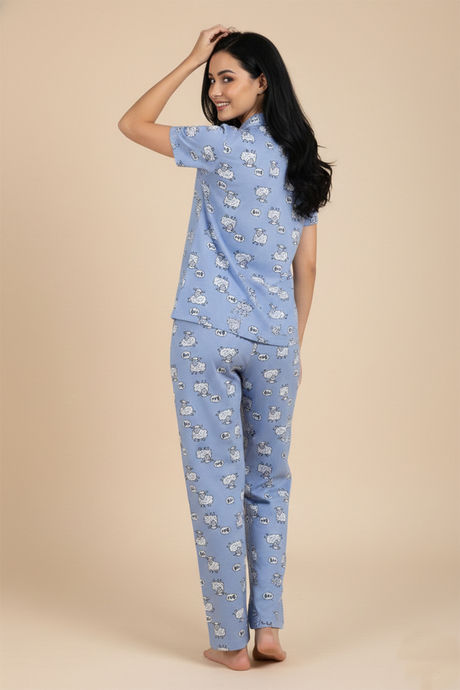 Zivame Farm Lore Knit Cotton Pyjama Set - Chambray Blue — image 3